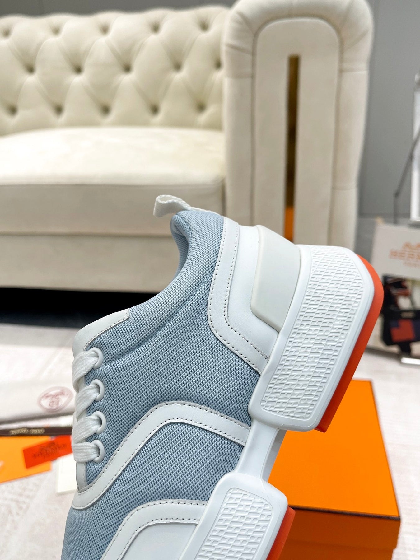 GIGA SNEAKER IN POWDER BLUE STITCHED MESH AND WHITE CALFSKIN