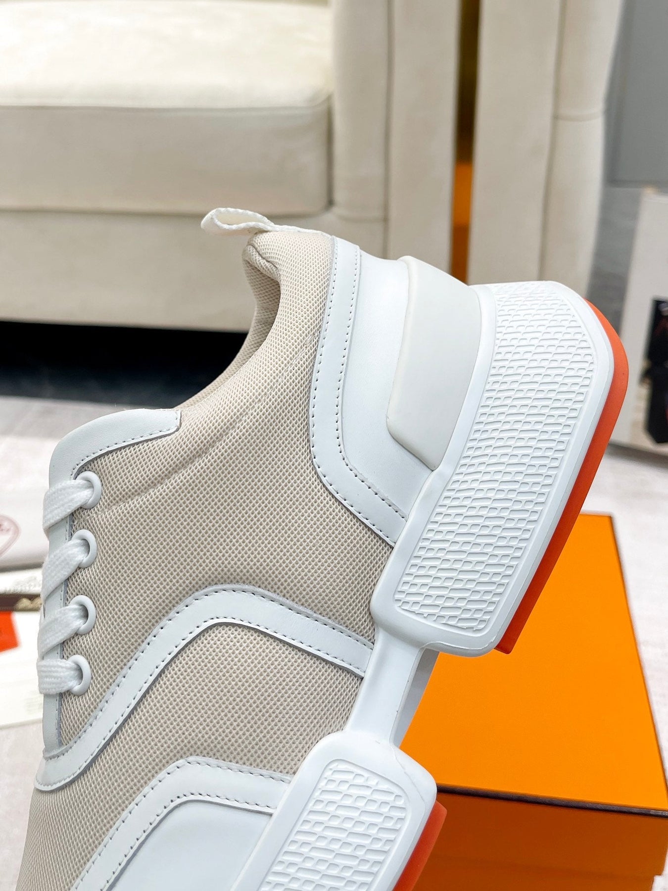 GIGA SNEAKER IN TAN BROWN STITCHED MESH AND WHITE CALFSKIN