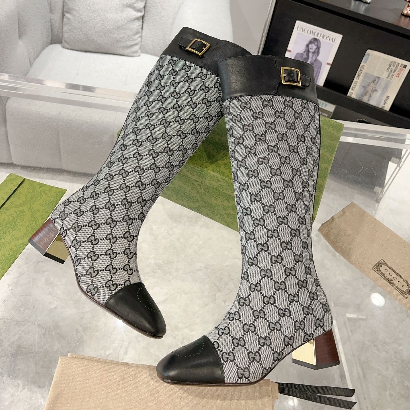 GG KNEE BOOTS IN LIGHT GRAY MONOGRAM CANVAS AND BLACK GLOSSY SHEEPSKIN