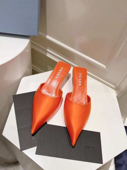 PRA POINTED-TOE MULES BRIGHT ORANGE SATIN