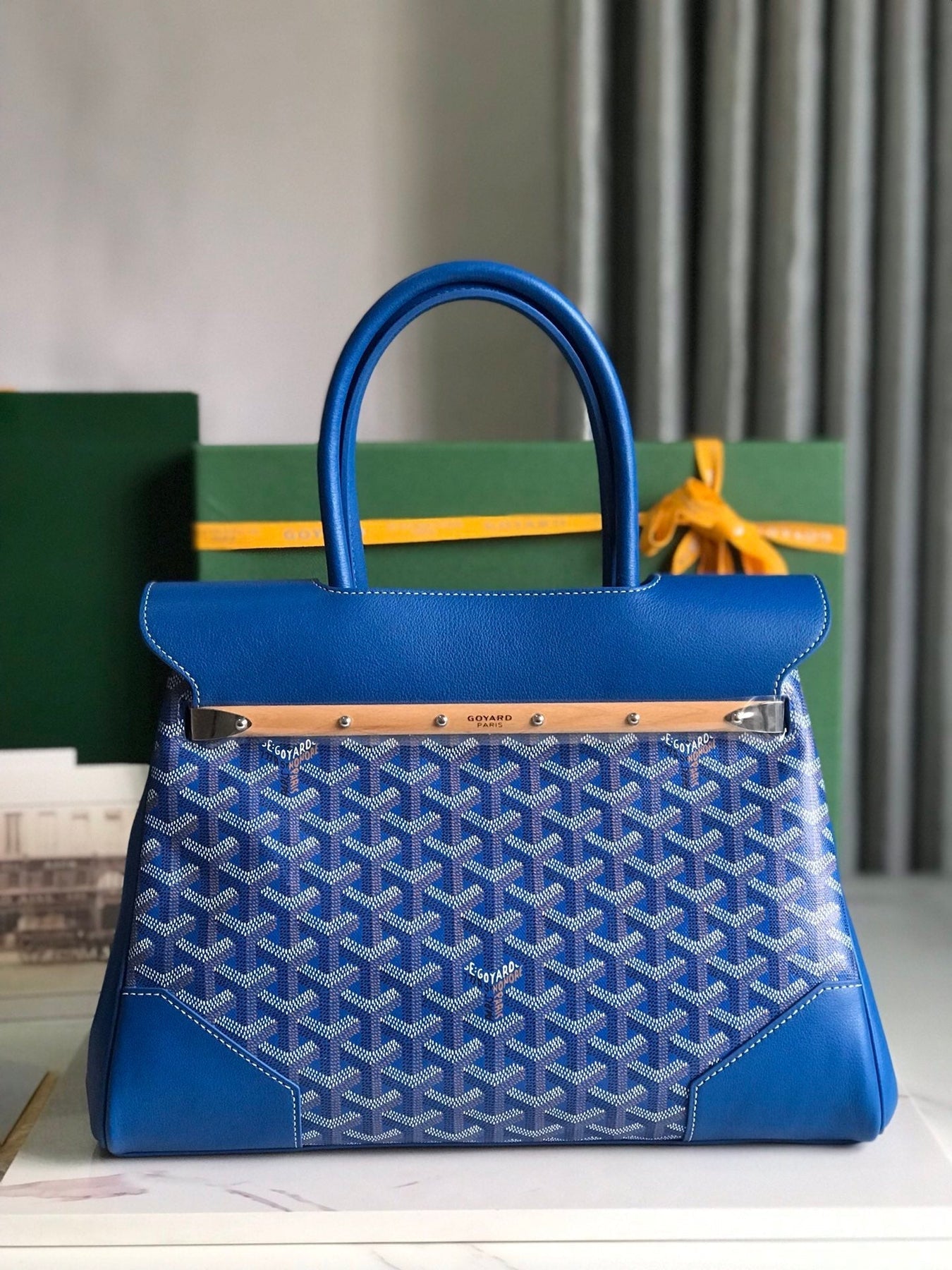 SAIGON SOUPLE BAG 34 IN CURIOUS BLUE GOYARDINE CANVAS AND CALFSKIN
