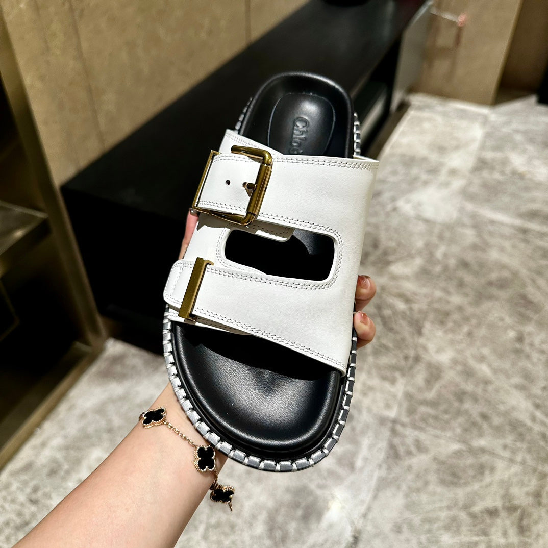 DAD SANDALS IN WHITE CALFSKIN WITH GOLD HARDWARE