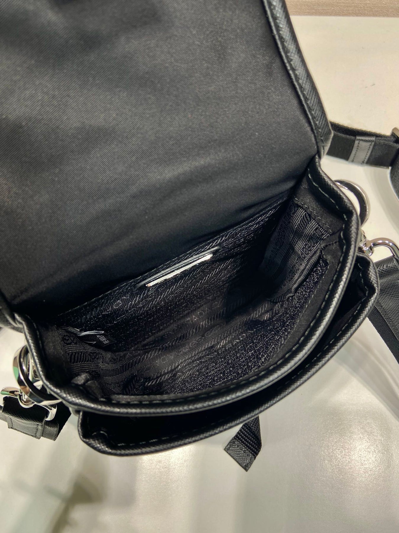 PHONE BAG 19 IN BLACK RE-NYLON AND SAFFIANO LEATHER TRIM