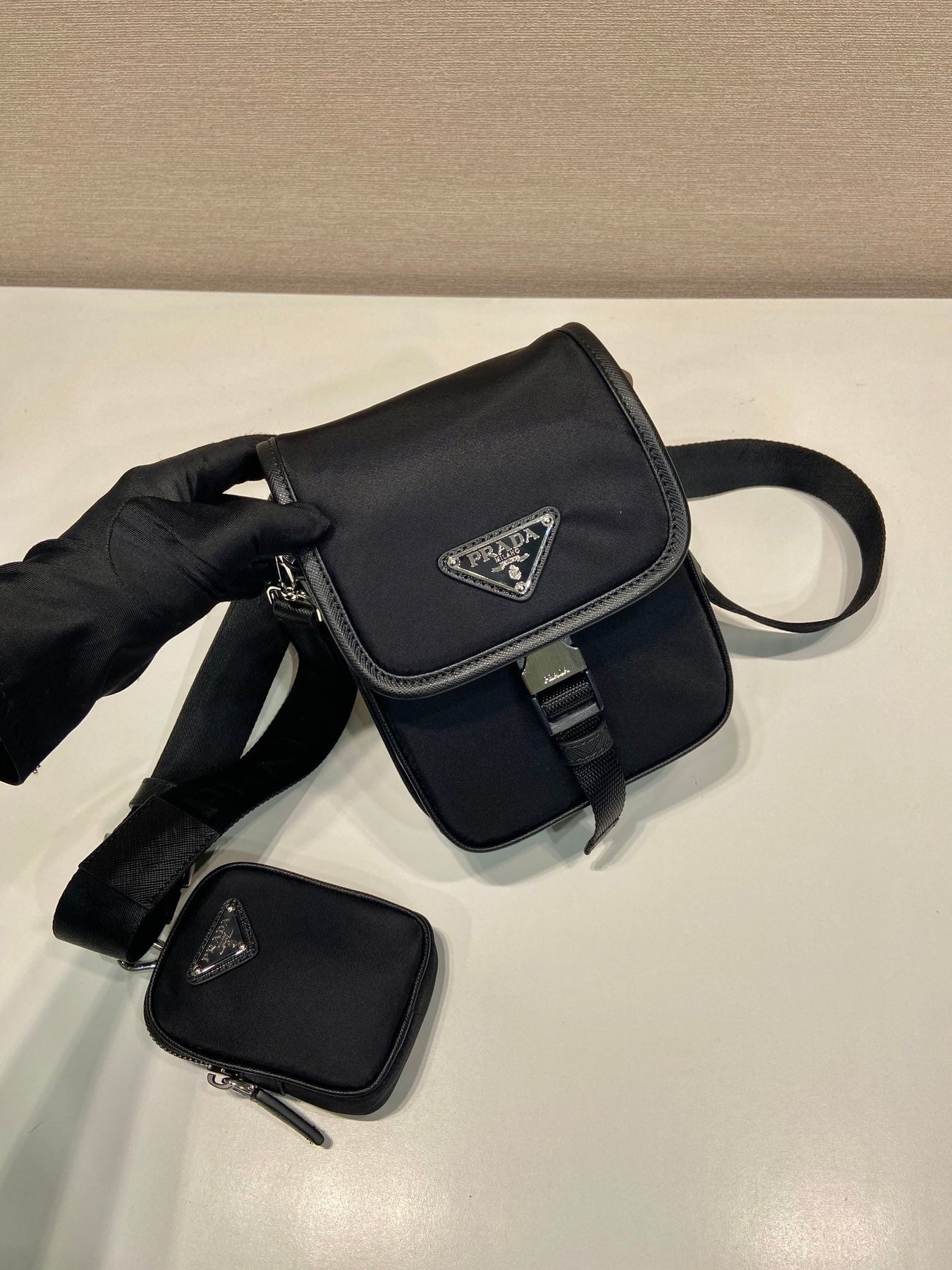 PHONE BAG 19 IN BLACK RE-NYLON AND SAFFIANO LEATHER TRIM