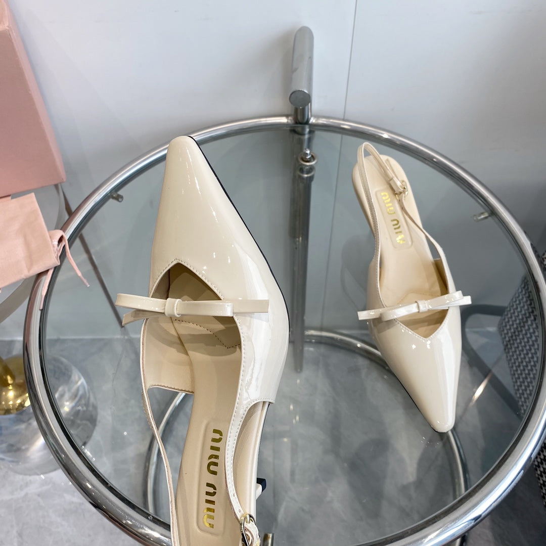 HIGH-SLINGBACK POINTED TOE SANDALS BEIGE COWHIDE WITH BOW