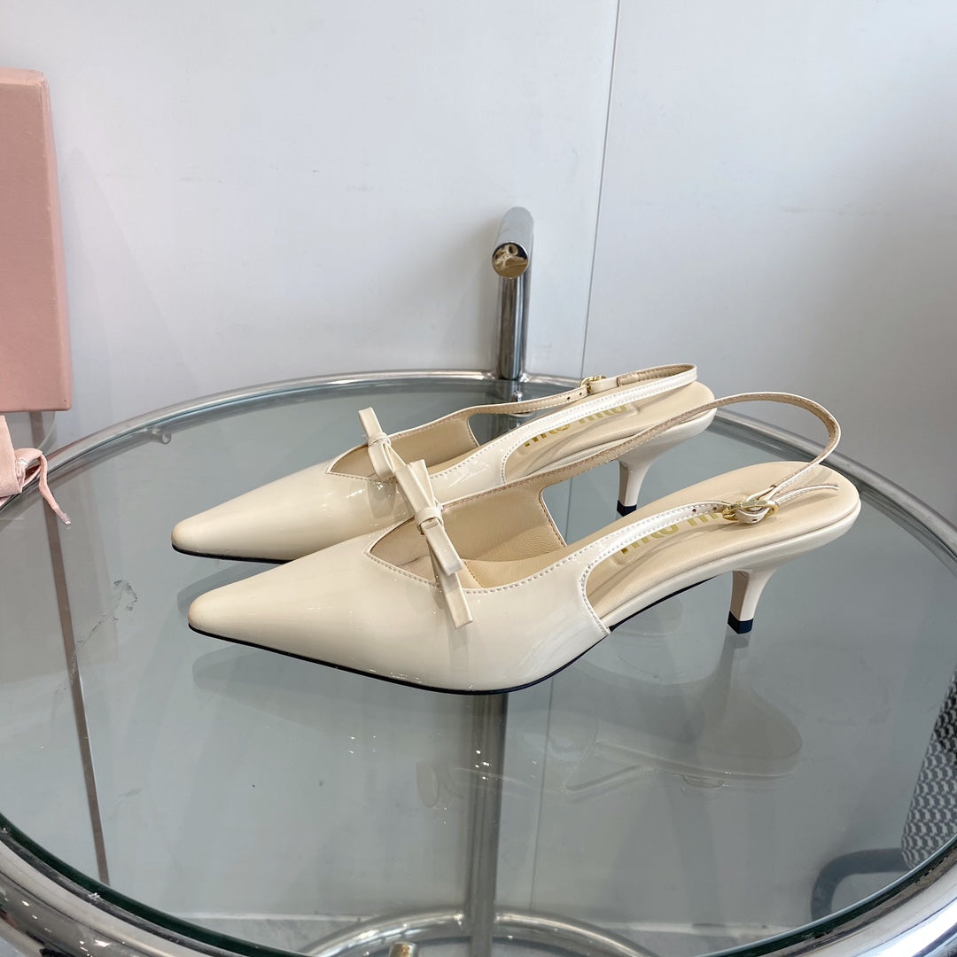 HIGH-SLINGBACK POINTED TOE SANDALS BEIGE COWHIDE WITH BOW