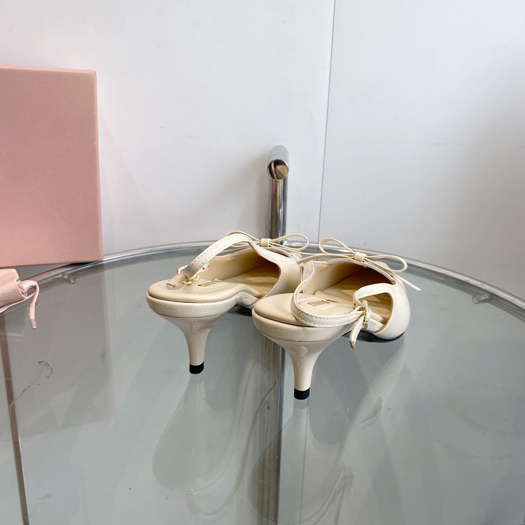 HIGH-SLINGBACK POINTED TOE SANDALS BEIGE COWHIDE WITH BOW
