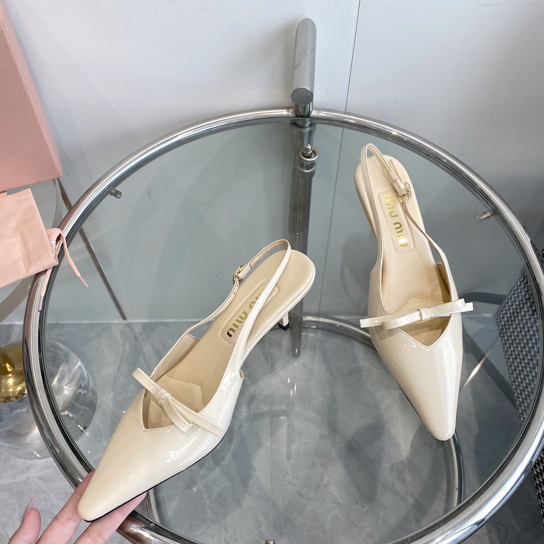 HIGH-SLINGBACK POINTED TOE SANDALS BEIGE COWHIDE WITH BOW