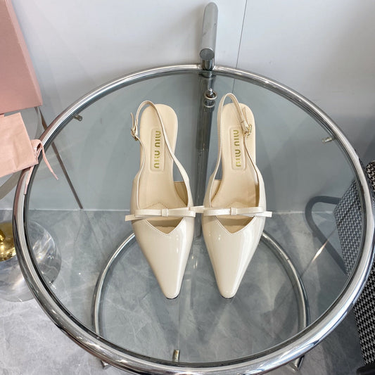 HIGH-SLINGBACK POINTED TOE SANDALS BEIGE COWHIDE WITH BOW