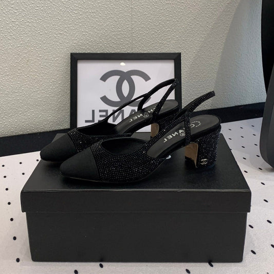 Double CC Rhinestone Slingback Sheepskin Black