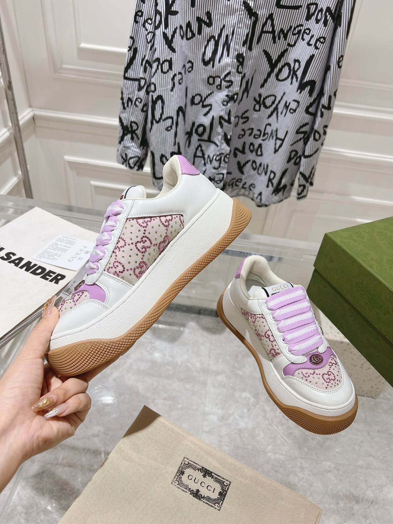 GG SCREENER 50 SNEAKER WHITE AND PURPLE CALFSKIN