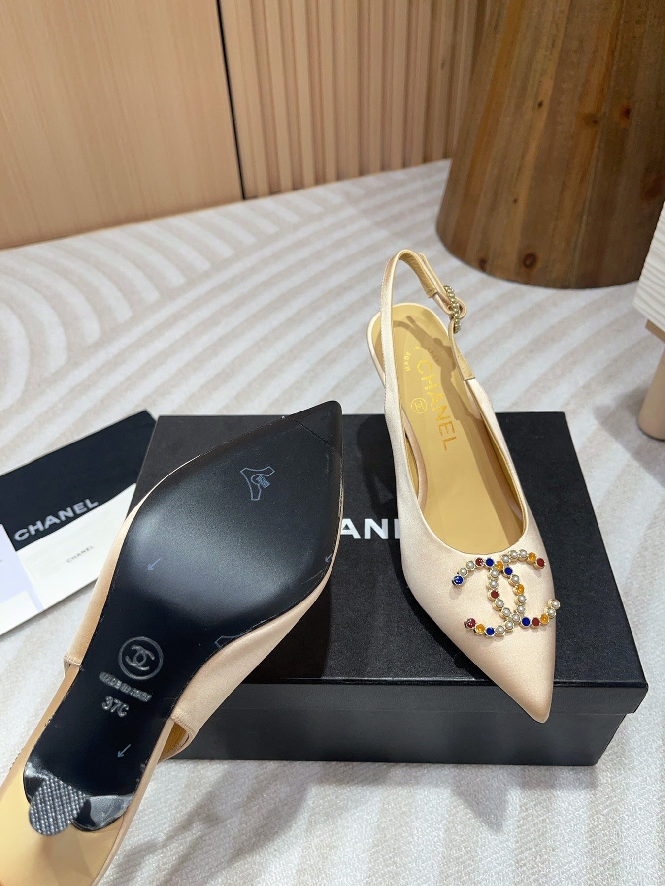 CC HIGH SLINGBACKS BEIGE CREAM SATIN AND LAMBSKIN