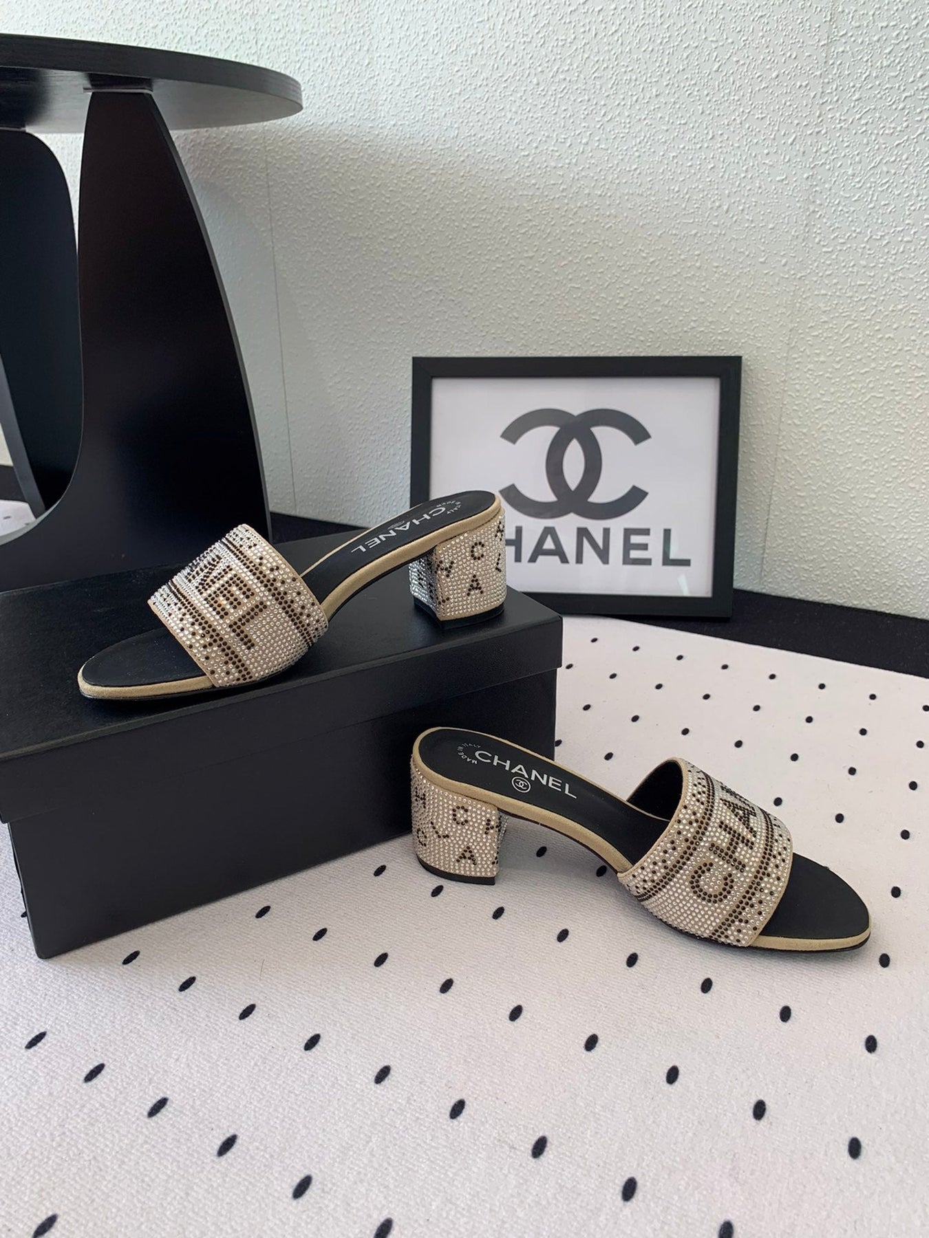 RHINESTONE LETTER HIGH HEELS CARAMEL BROWN AND BLACK LAMBSKIN