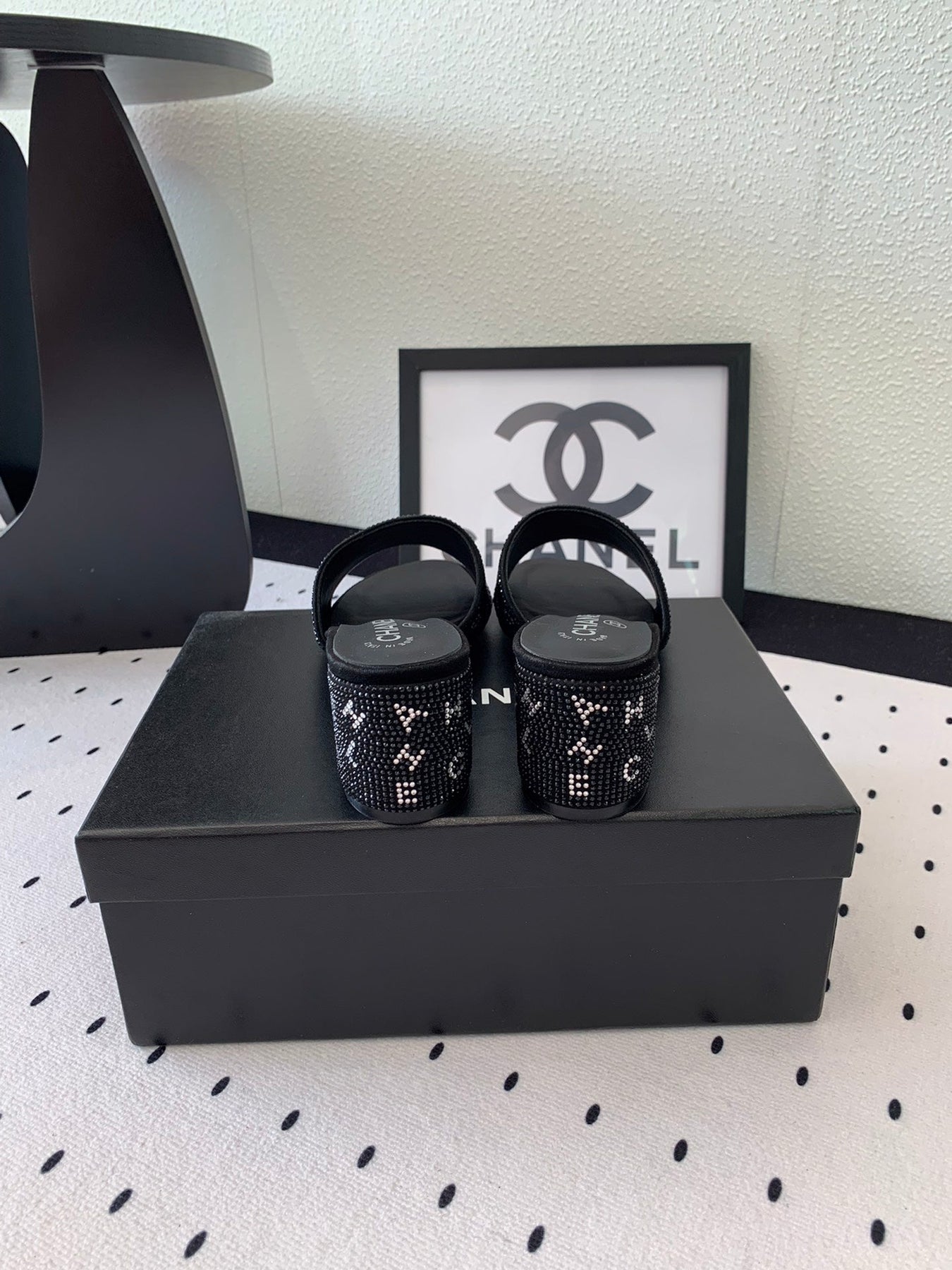 RHINESTONE LETTER HIGH HEELS BLACK LAMBSKIN