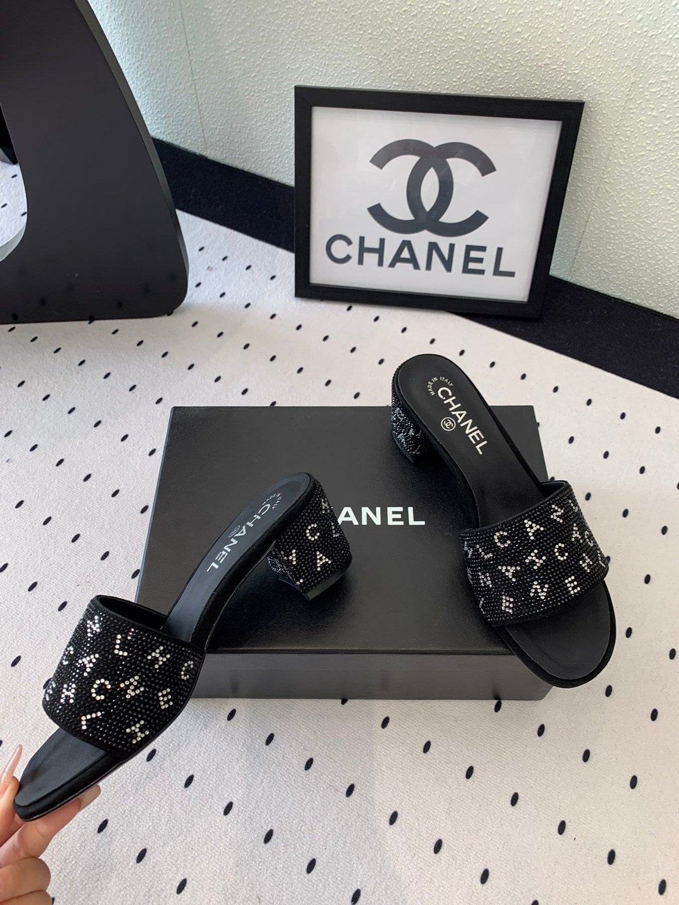 RHINESTONE LETTER HIGH HEELS BLACK LAMBSKIN