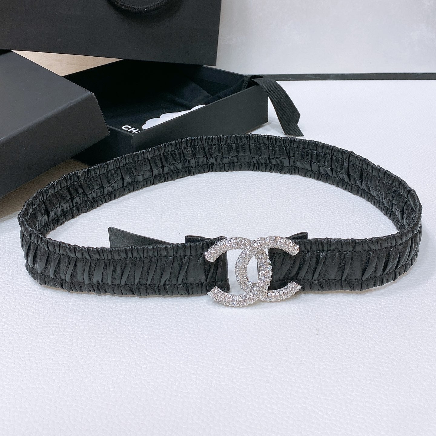 CC ELASTIC BELT 30MM IN BLACK CALFSKIN SILVER HARDWARE WITH RHINSTONES