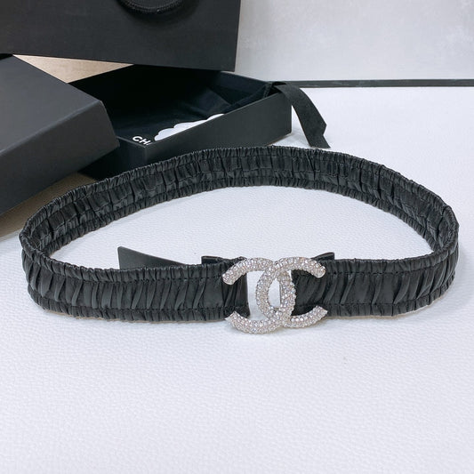 CC ELASTIC BELT 30MM IN BLACK CALFSKIN SILVER HARDWARE WITH RHINSTONES