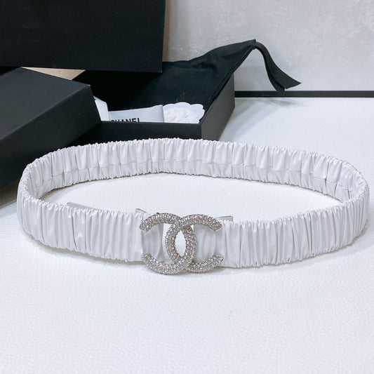 CC ELASTIC BELT 30MM IN WHITE CALFSKIN SILVER HARDWARE WITH RHINSTONES