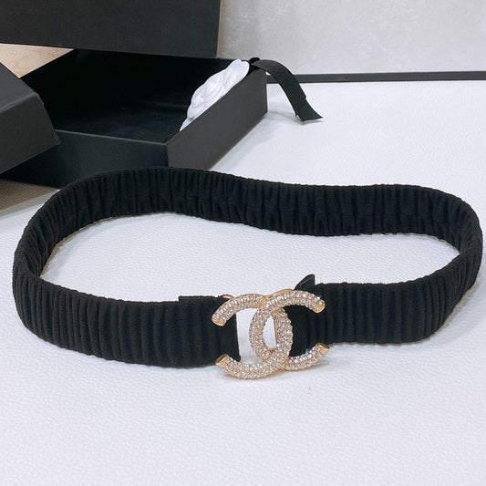 CC ELASTIC BELT 30MM IN BLACK WOOL FABRIC GOLD HARDWARE WITH RHINSTONES