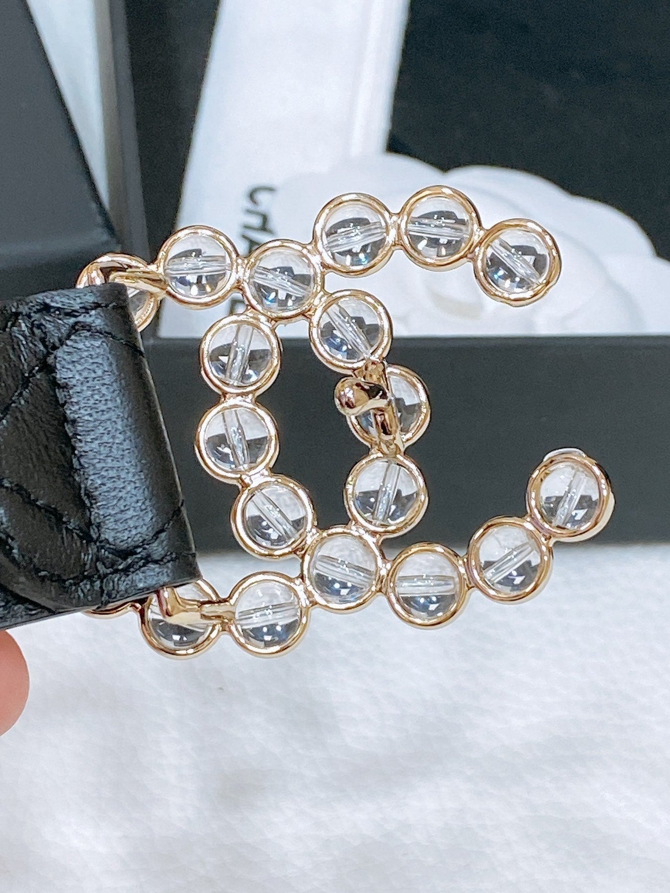 CC BELT 30 MM IN BLACK EMBROIDERED CALFSKIN PEARL LOGO WITH GOLD HARDWARE