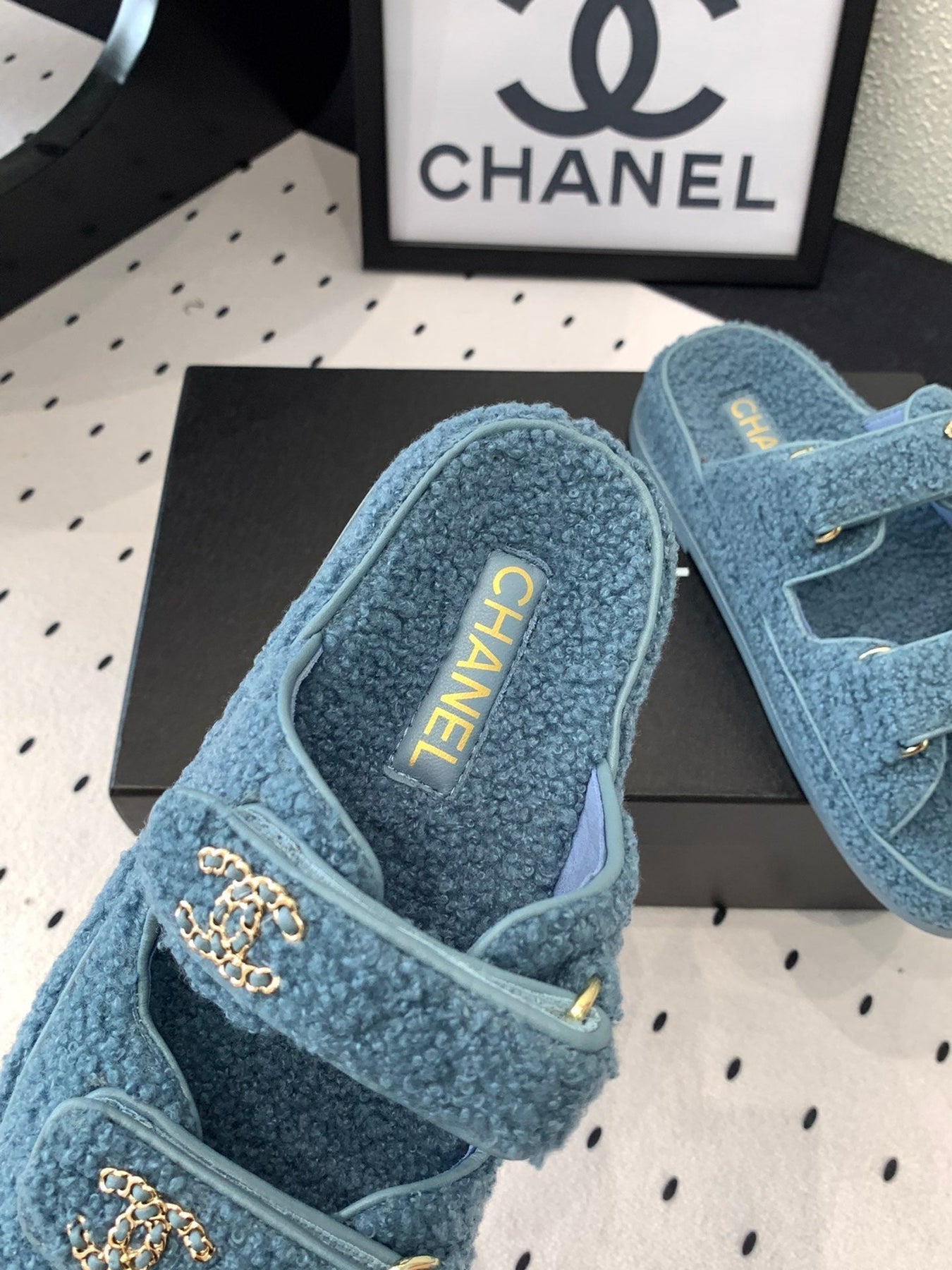 CC DAD SANDAL MULE IN AEGEAN BLUE LAMB FUR