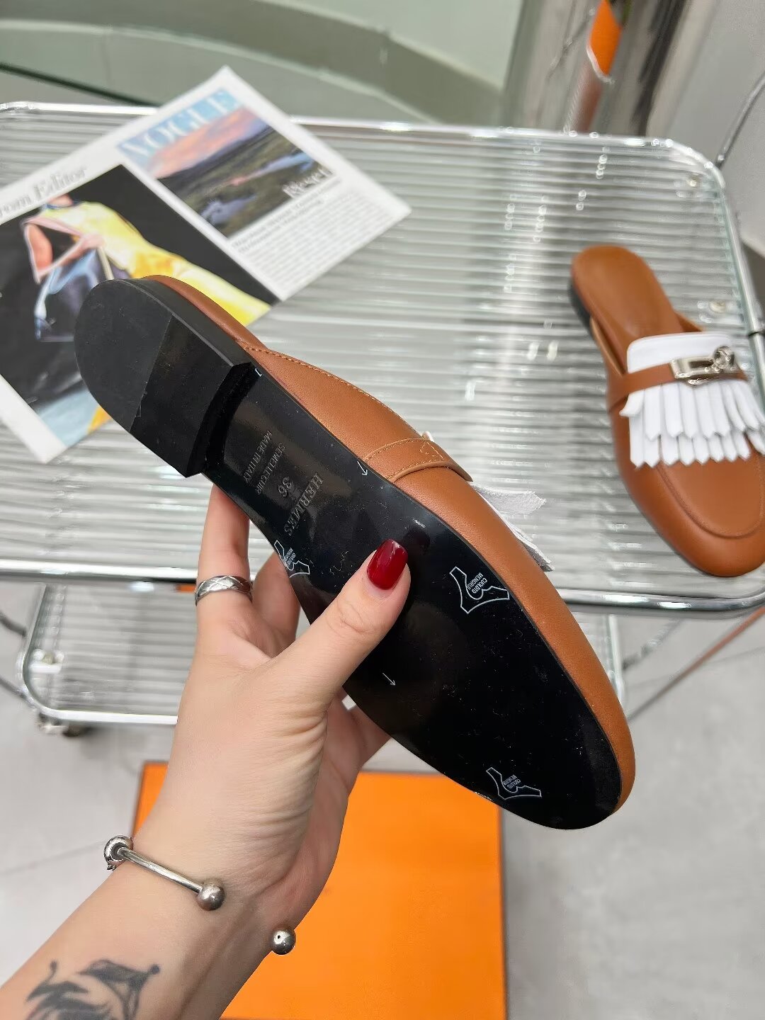 OZ MULE CARAMEL MIX FRINGED WHITE CALFSKIN