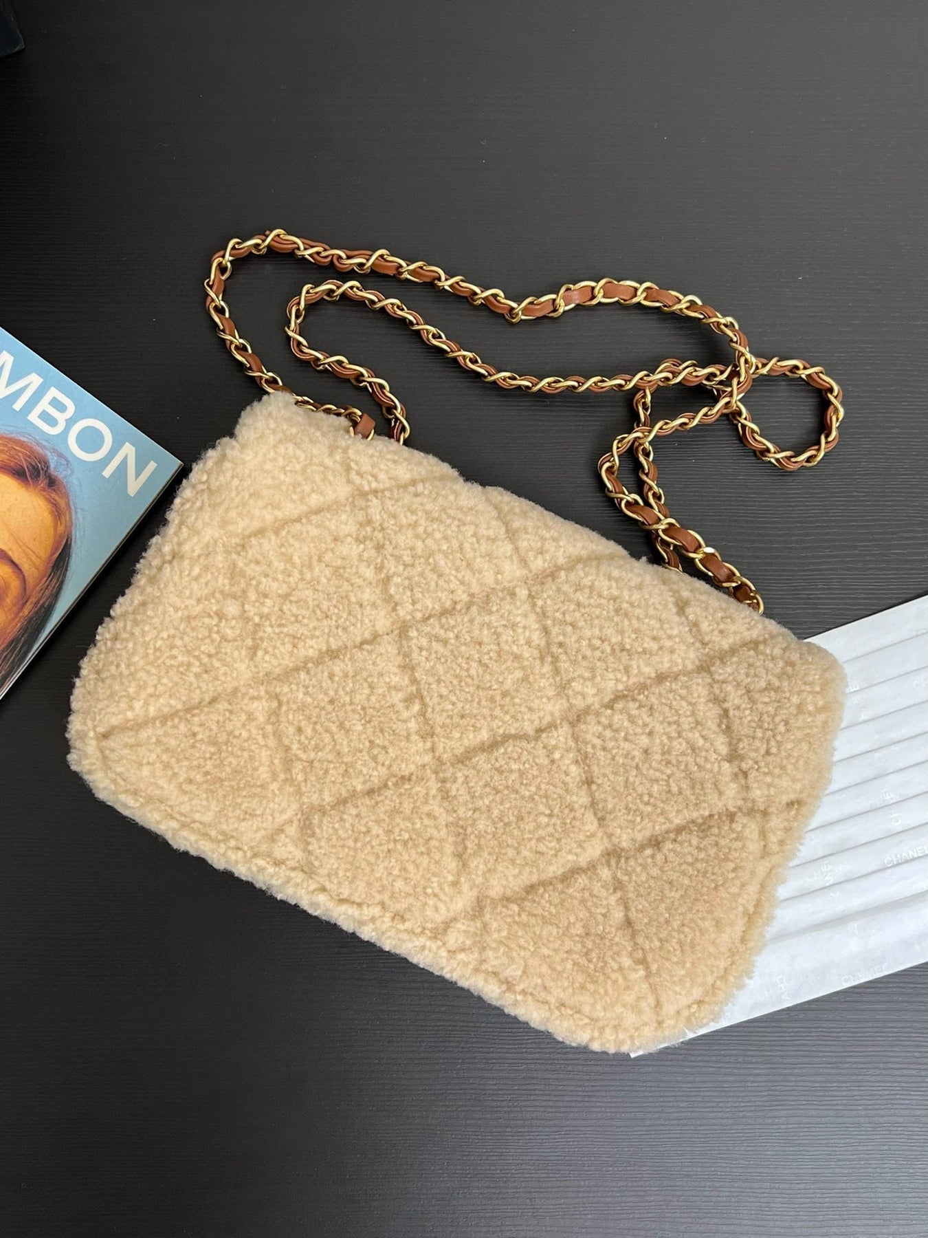 CC 24K TEDDY WOOL BAG LAMBSKIN IN BROWN