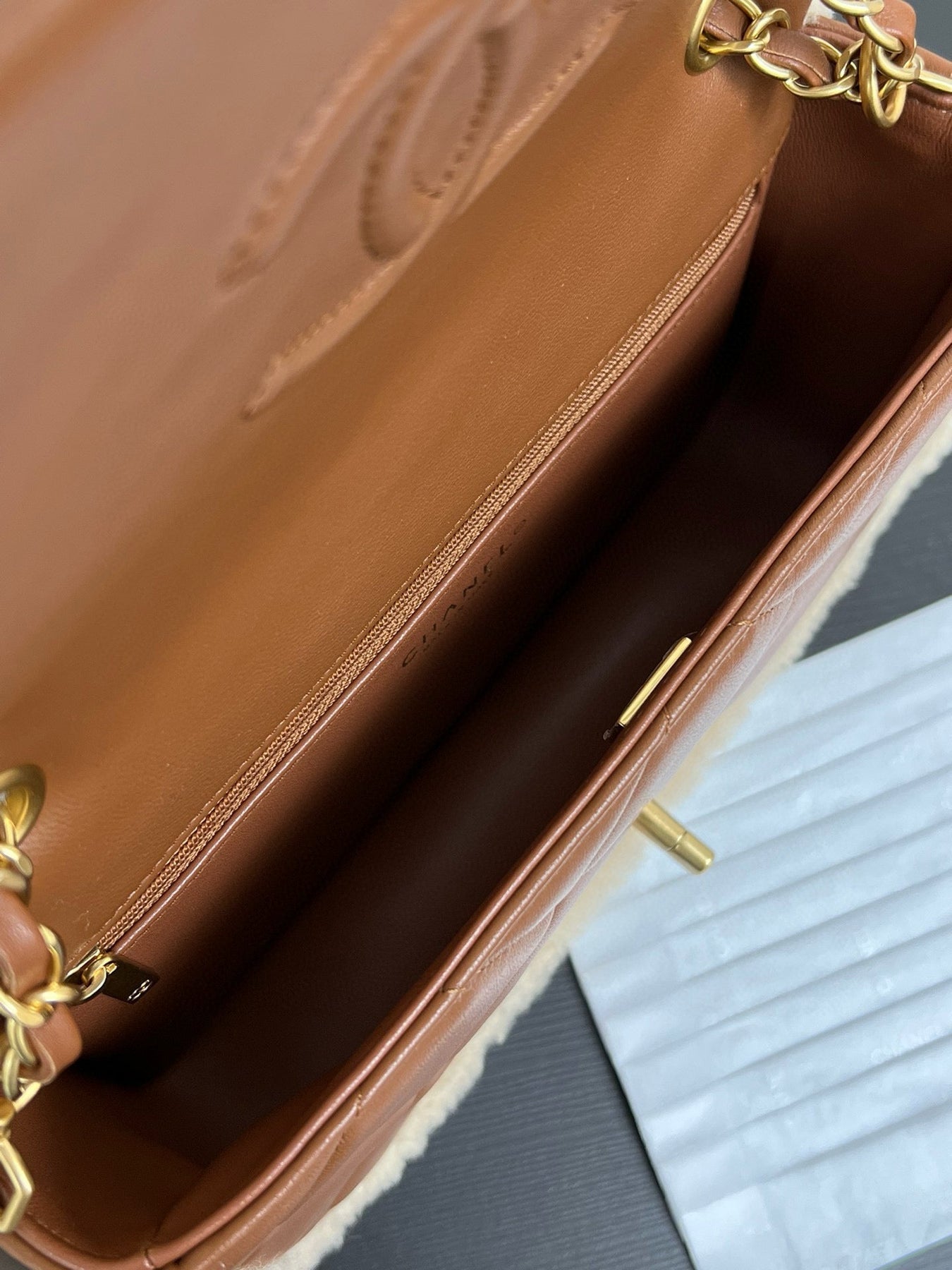 CC 24K TEDDY WOOL BAG LAMBSKIN IN BROWN