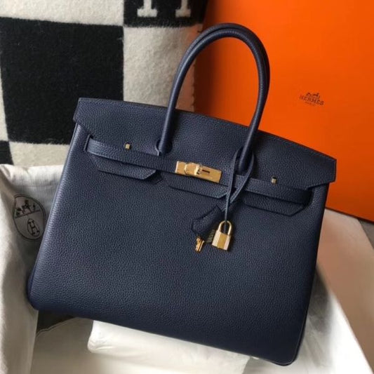 HERM Birkin 35cm Bag In Dark Blue Clemence Leather GHW