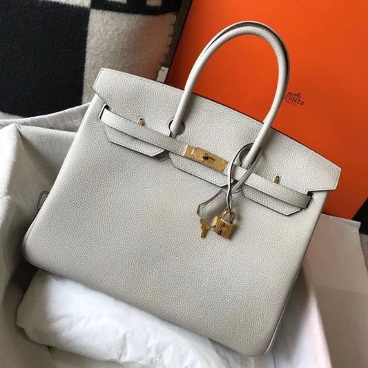 HERM Birkin 35cm Bag In Pearl Grey Clemence Leather GHW