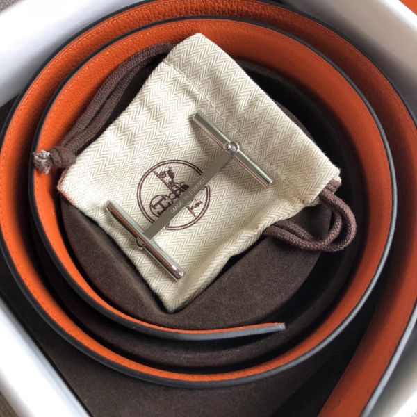 HERM H d'Ancre Reversible Belt In Orange/Noir Leather