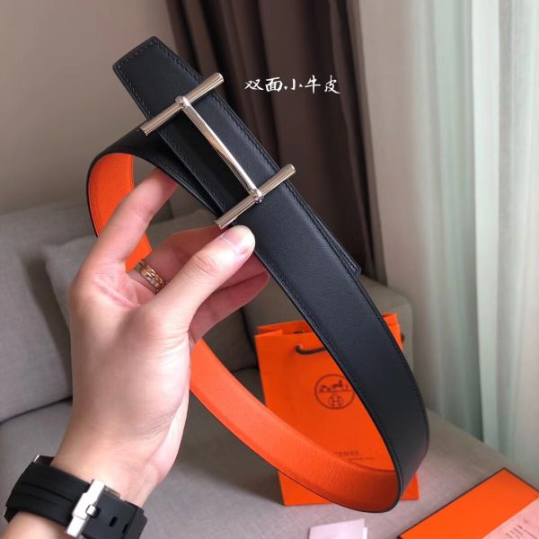 HERM H d'Ancre Reversible Belt In Orange/Noir Leather
