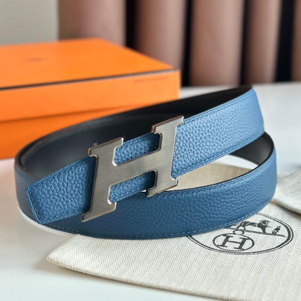 HERM H Speed Reversible Belt 32MM in Blue Jean Clemence Leather