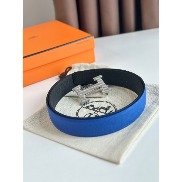 HERM H Guillochee Reversible Belt 32MM in Black and Blue Epsom Calfskin