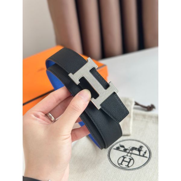 HERM H Guillochee Reversible Belt 32MM in Black and Blue Epsom Calfskin