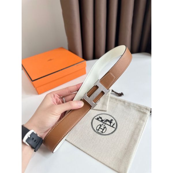 HERM H Guillochee Reversible Belt 32MM in Gold and White Epsom Calfskin