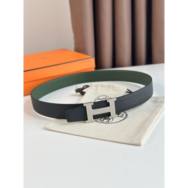 HERM H Guillochee Reversible Belt 32MM in Green and Black Epsom Calfskin