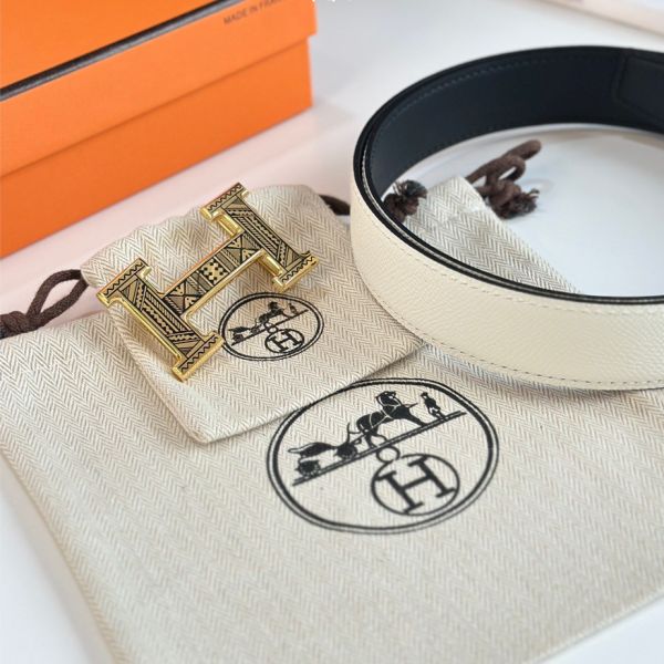 HERM H Touareg Reversible Belt 32MM in White Epsom Leather