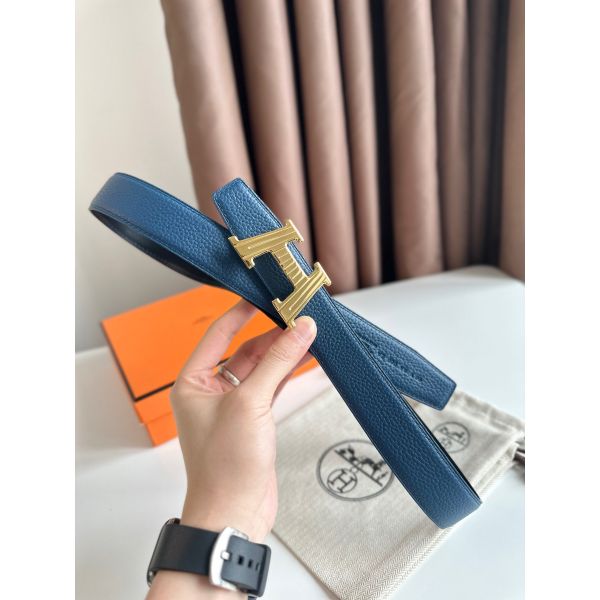 HERM H Take Off Reversible Belt 32MM in Blue Clemence Leather