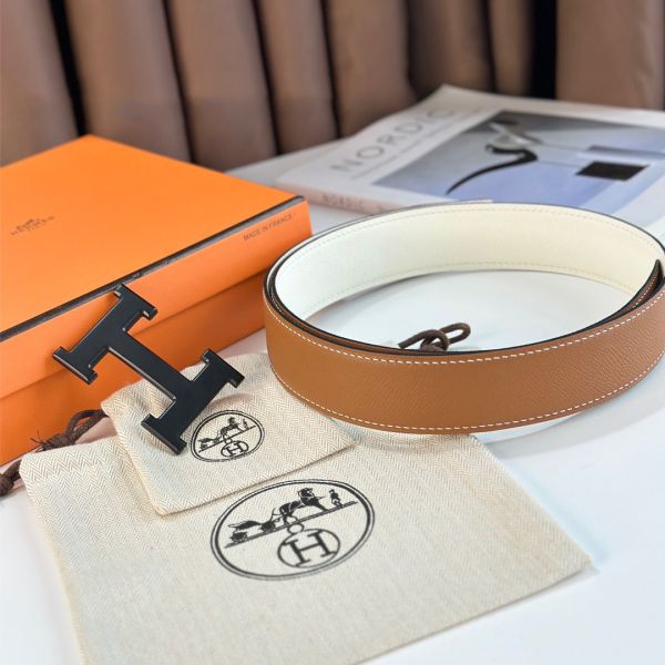 HERM H Reversible 38MM Belt with matte Buckle in White and Gold Epsom Leather