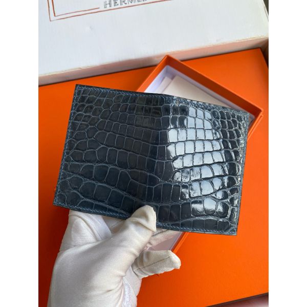 HERM MC¬≤ Euclide Card Holder in Blue Colvert Shiny Alligator Leather