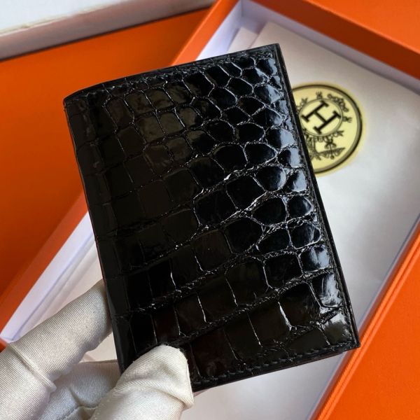 HERM MC¬≤ Euclide Card Holder in Black Shiny Alligator Leather