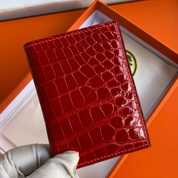 HERM MC¬≤ Euclide Card Holder in Red Shiny Alligator Leather