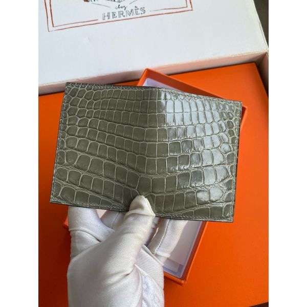 HERM MC¬≤ Euclide Card Holder in Tourterelle Shiny Alligator Leather