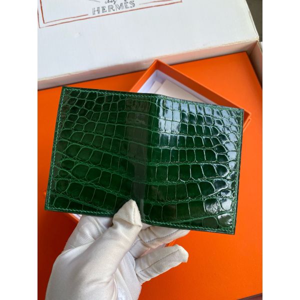 HERM MC¬≤ Euclide Card Holder in Vert Emeraud Shiny Alligator Leather