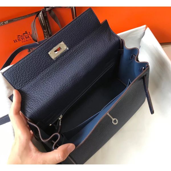 HERM Kelly 28cm Bag In Dark Blue Clemence Leather PHW