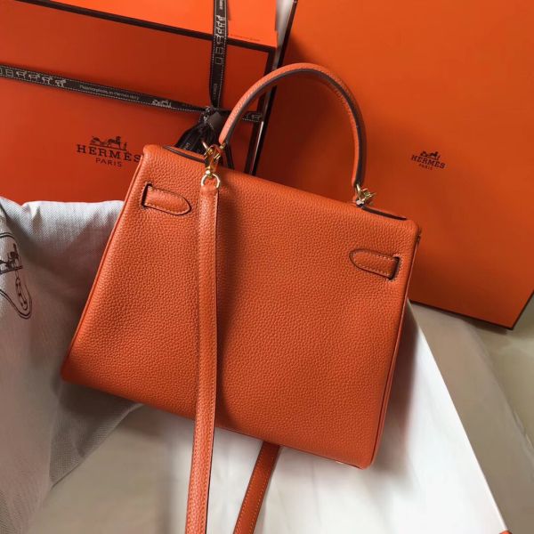 HERM Kelly 28cm Bag In Orange Clemence Leather GHW