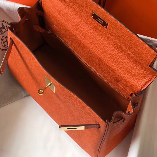 HERM Kelly 28cm Bag In Orange Clemence Leather GHW