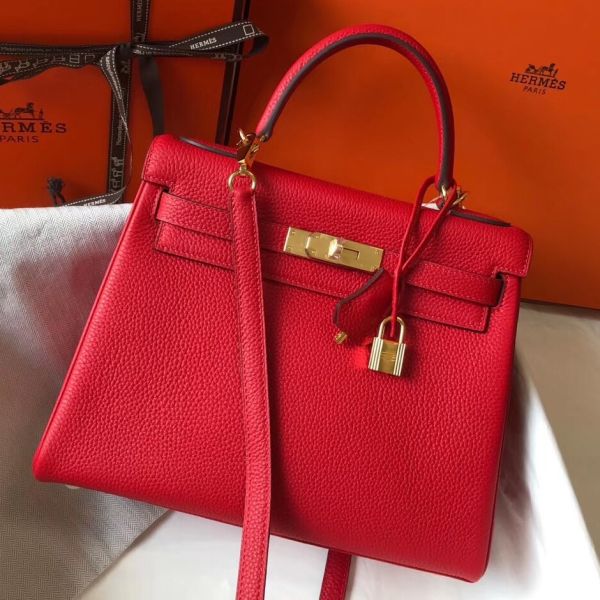 HERM Kelly 28cm Bag In Red Clemence Leather GHW