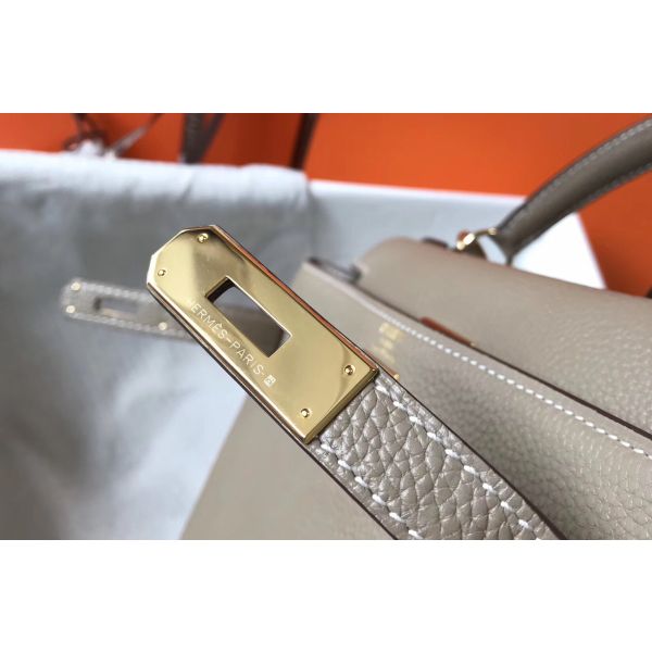 HERM Kelly 28cm Bag In Gris Tourterelle Clemence Leather GHW
